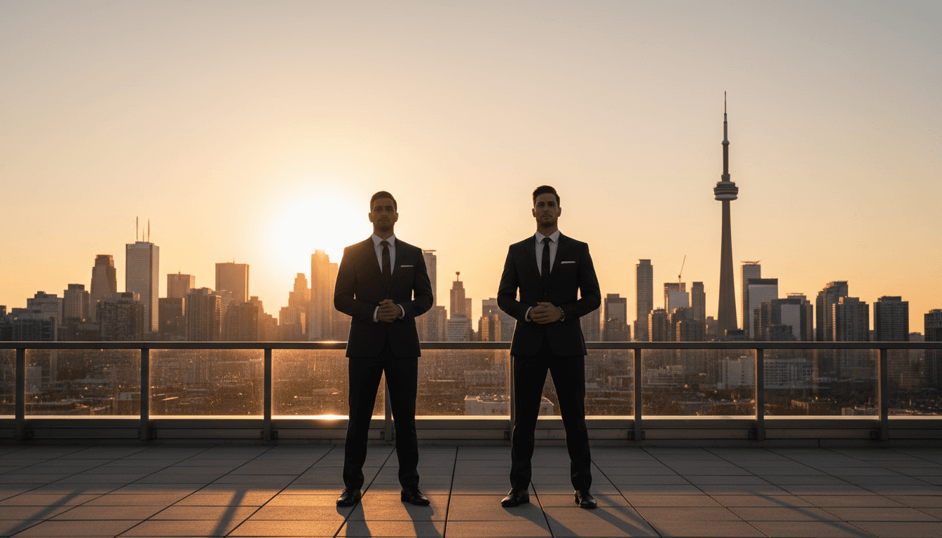 Silhouetted security professionals in suits with Toronto skyline