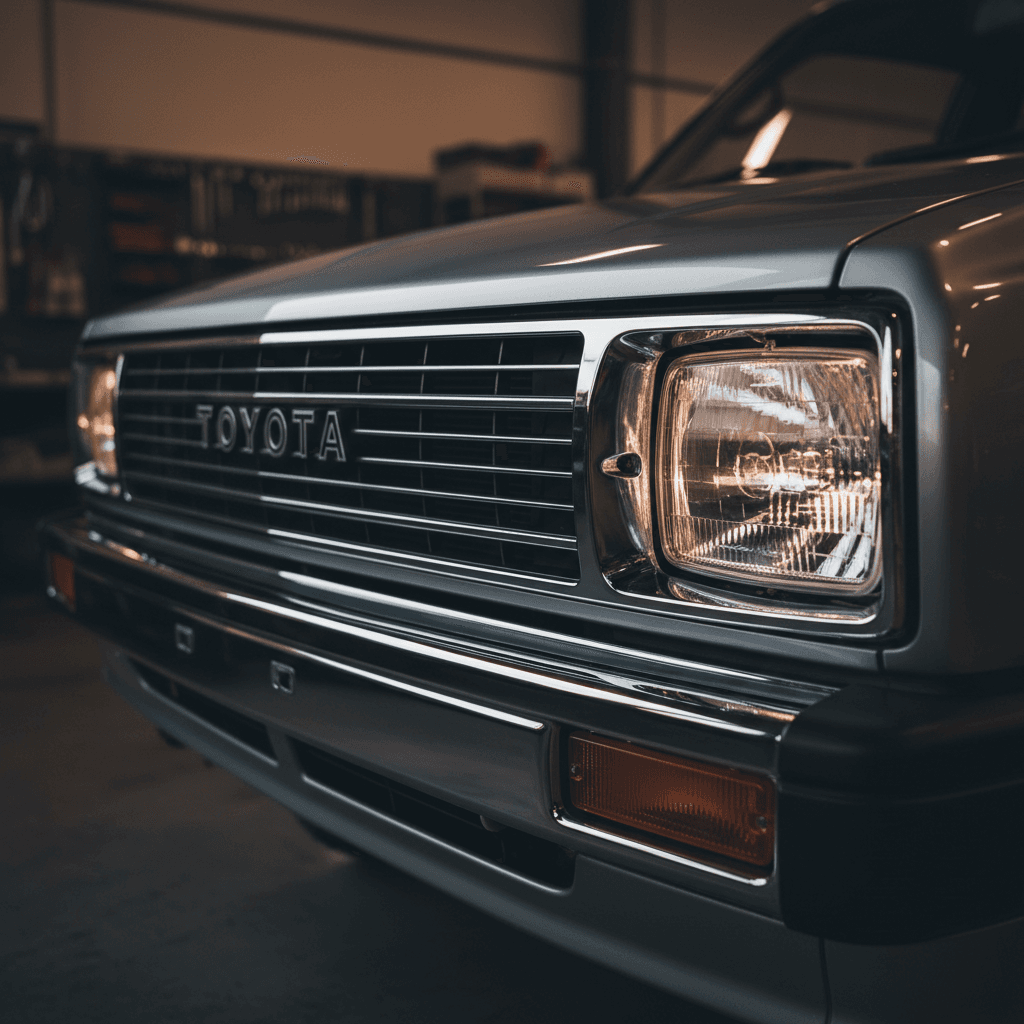 Close-up detail of Japanese truck grille and headlight assembly showcasing precision engineering and metallic finishes under dramatic lighting