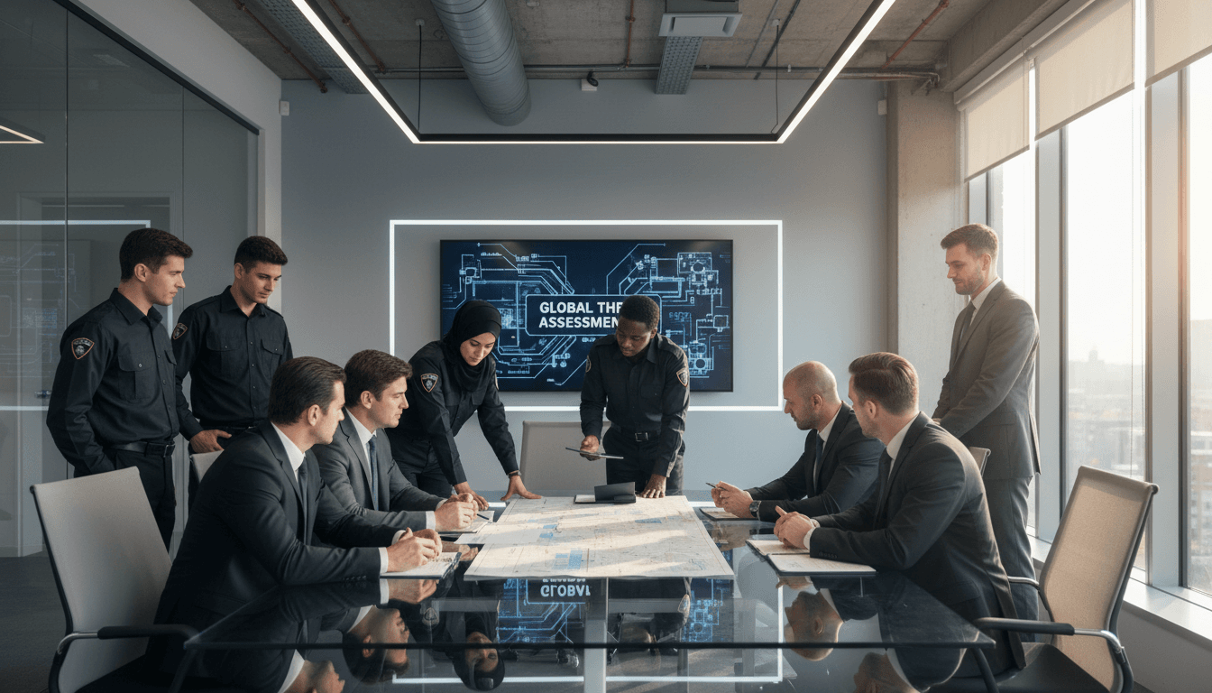 Professional security consultant meeting with business executive in modern office setting