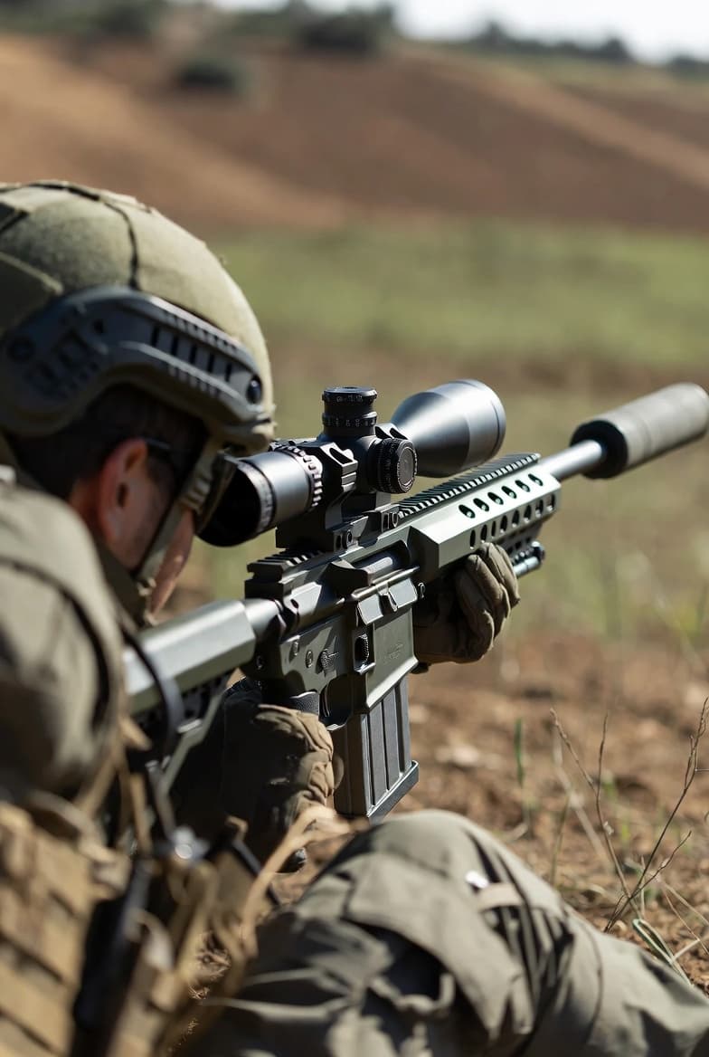 Soldier in tactical gear aiming a suppressed sniper rifle with a large scope outdoors.
