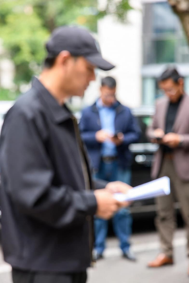 Man wearing a black cap and jacket reads papers outdoors with others in background.